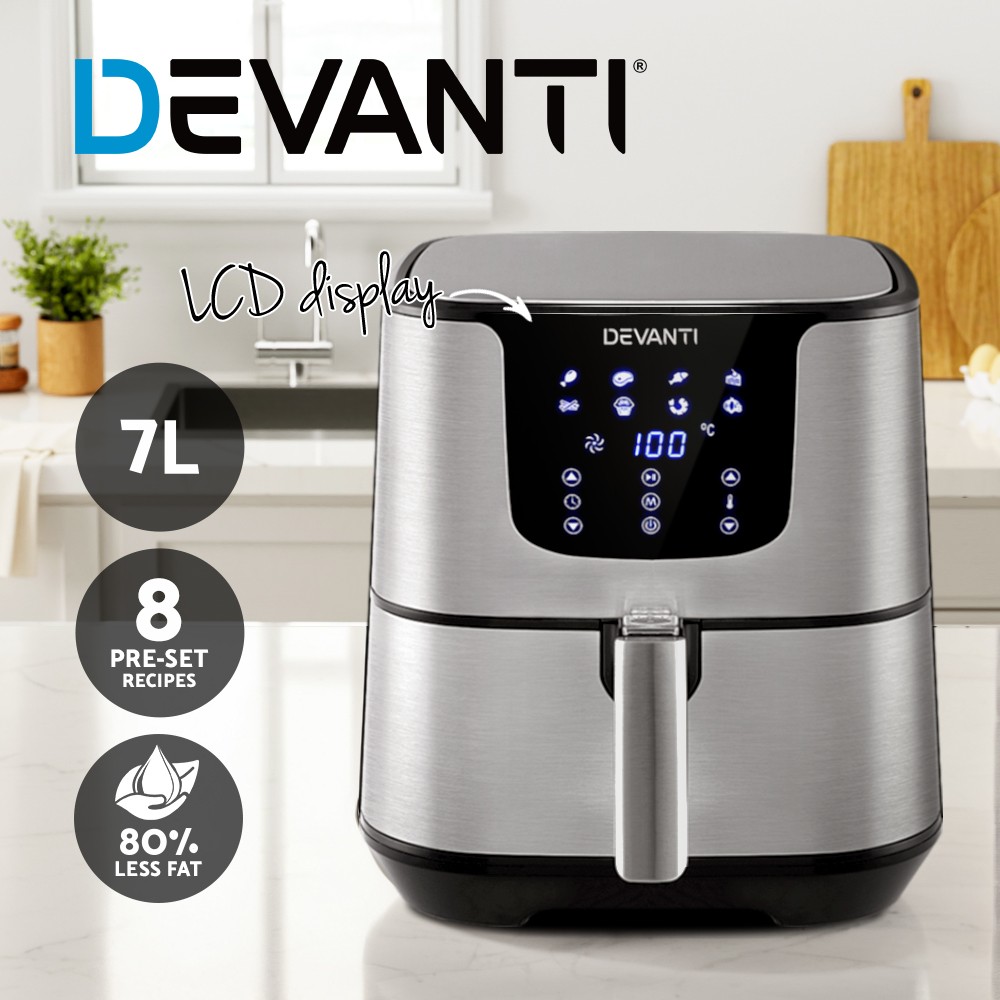 Devanti Air Fryer 7L LCD 1700W Silver Oil Free Non-stick Oven 360 Circulation