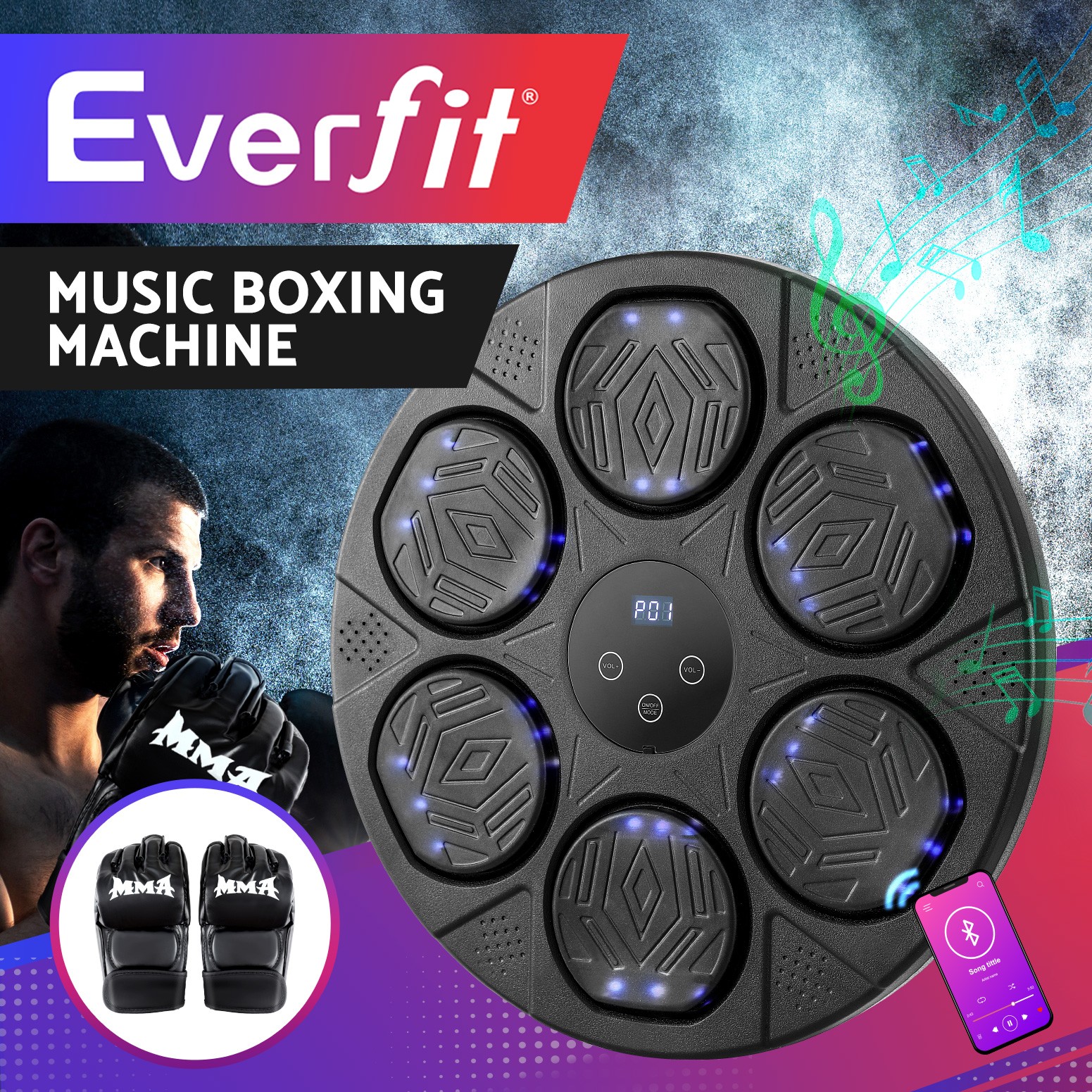 Everfit Boxing Machine Bluetooth Music LED USB Rechargeable Wall-mounted Black