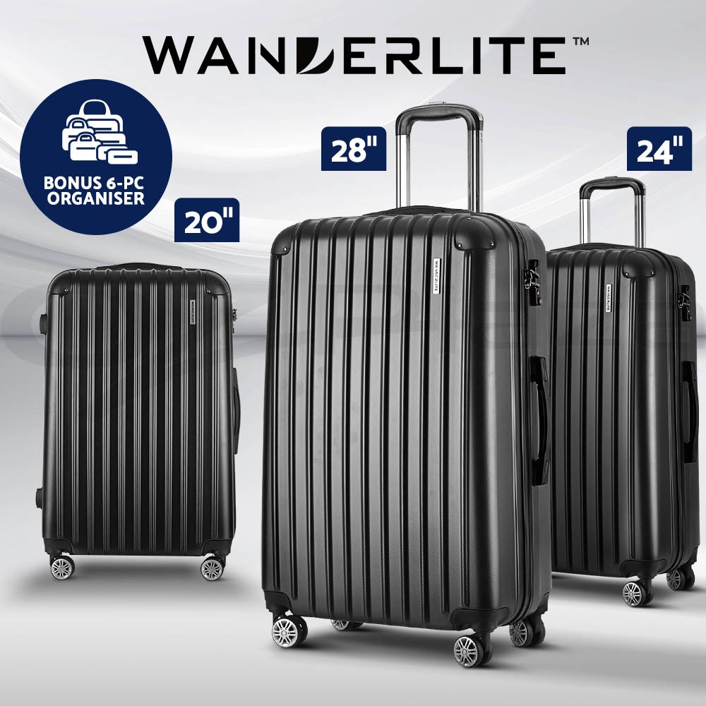 Wanderlite 9-pc Luggage Trolley Set 20 24 28 Black TSA Lightweight Organisers