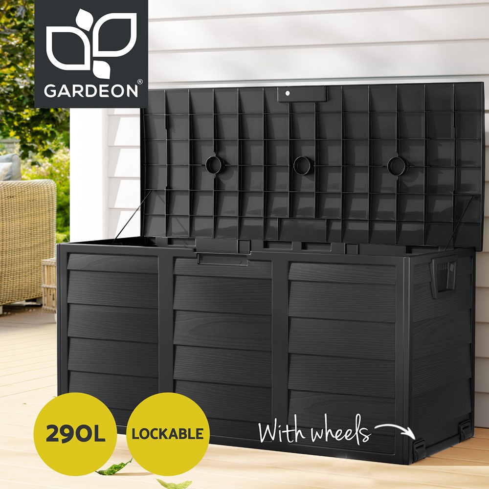 Gardeon Outdoor Storage Box 290L Black Water-resistant Wheels Lockable Lid Large