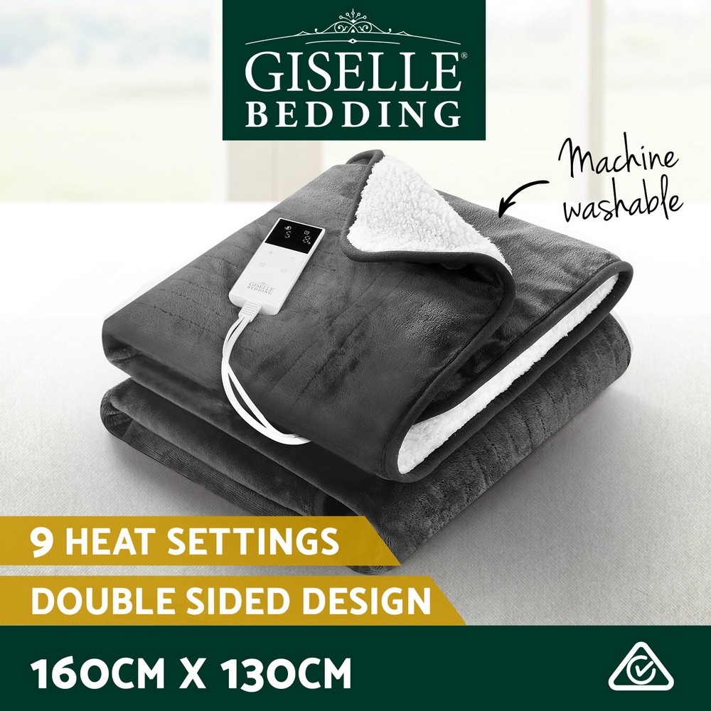 Giselle Bedding Electric Throw Rug Heated Double Sided Washable Grey 160cm 130cm
