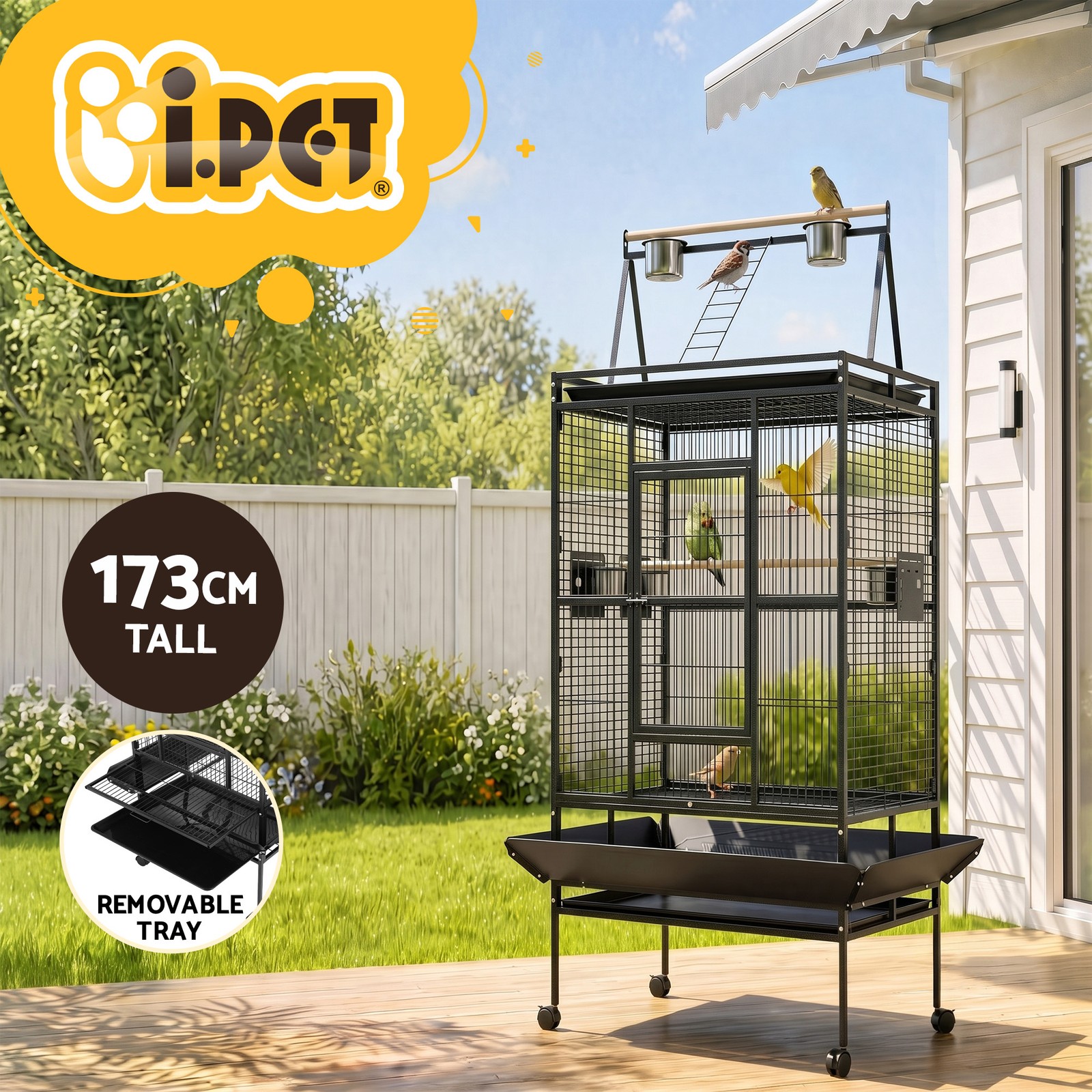 i.Pet Bird Aviary PET-BIRDCAGE-H173 173cm Black Wrought Iron Wheels Slide-out