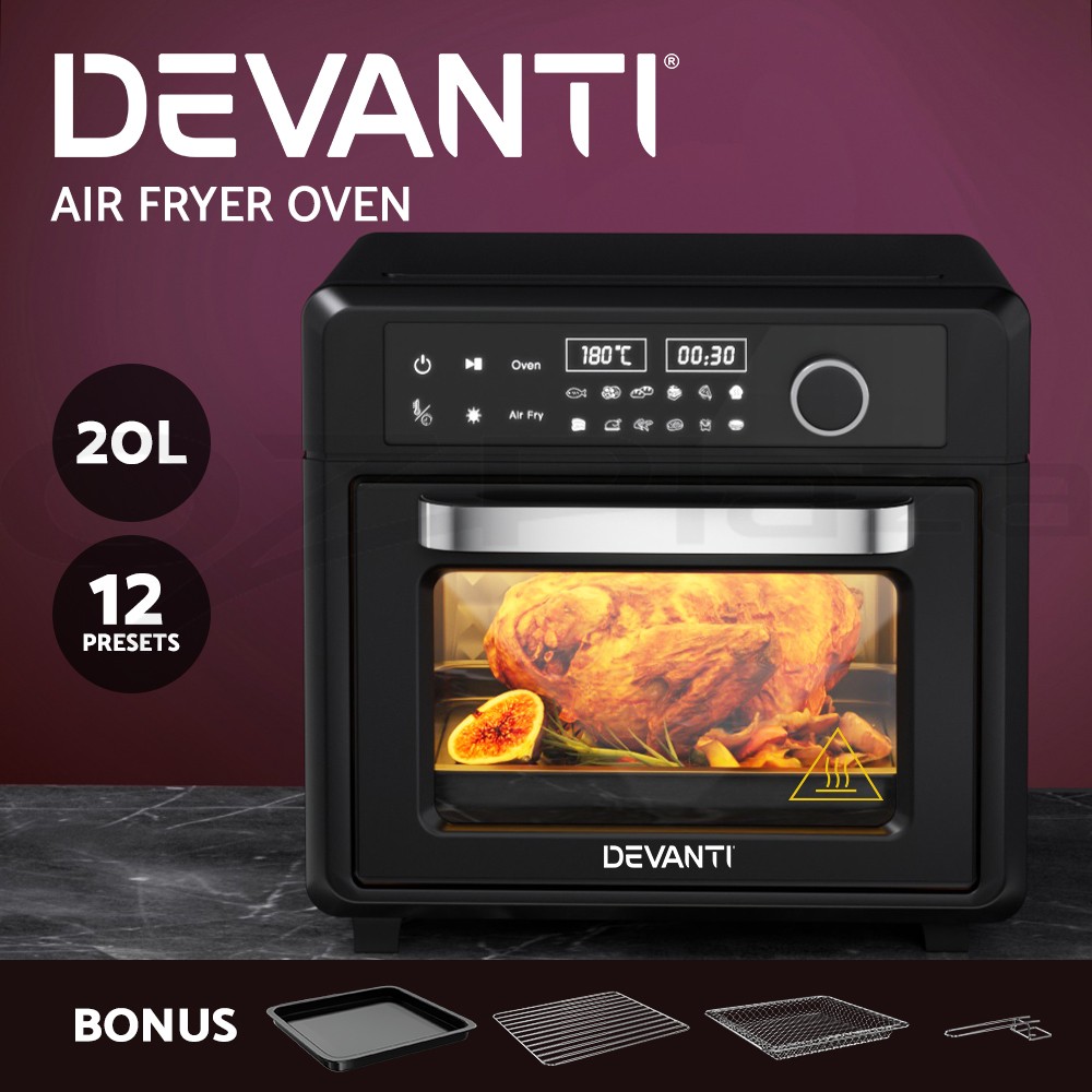 Devanti Air Fryer Oven 20L LCD Touch 1400W Black Oil Free 12 Presets Easy Clean