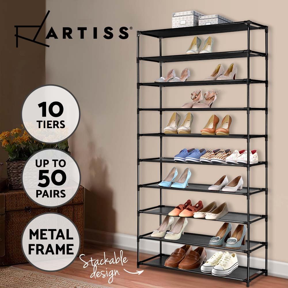 Artiss Shoe Rack Storage 10 Tiers Stackable Metal Black 50 pairs Free Standing