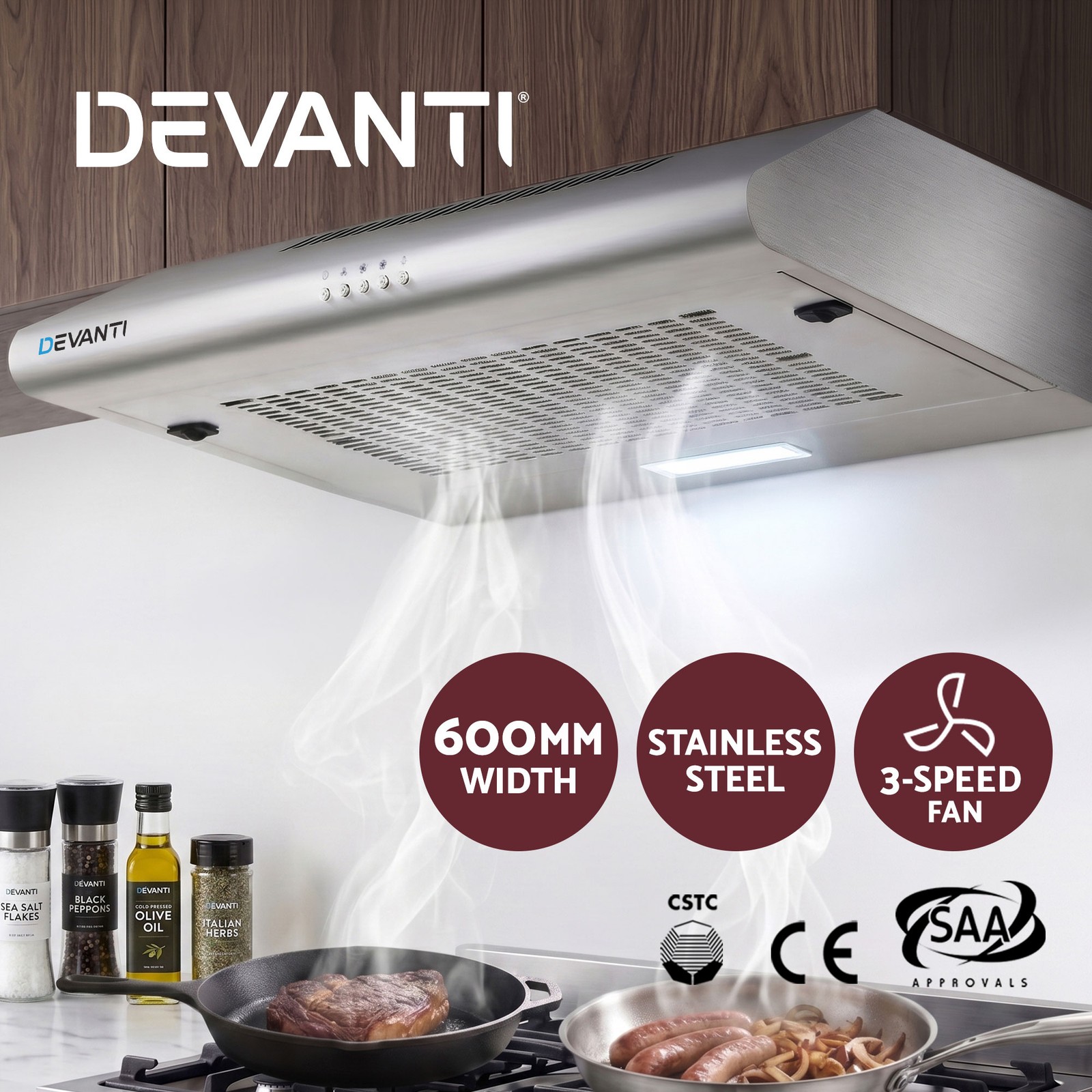 Devanti Wall-Mounted Rangehood 600mm 720m3/h Stainless Steel LED Light Silver