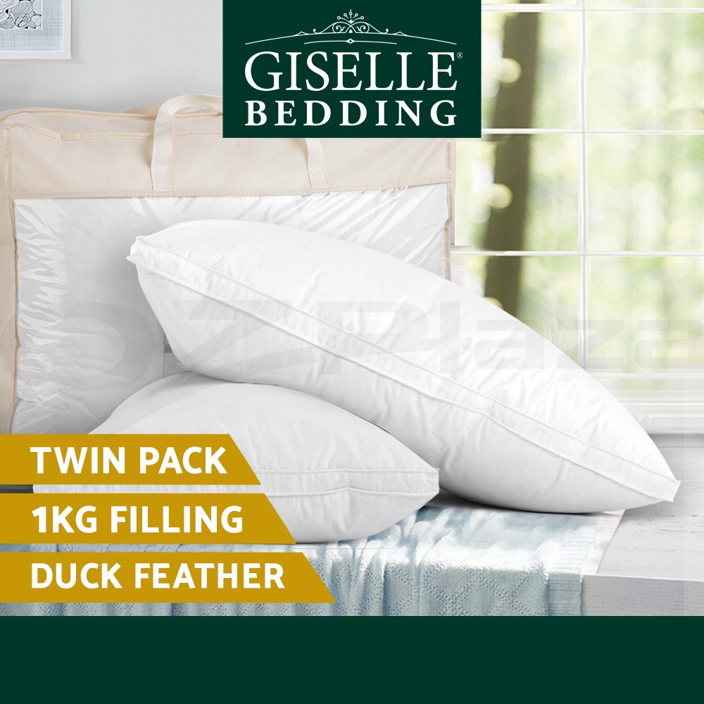 Giselle Bedding Duck Feather Down Pillows Twin Pack Standard White Cotton 1kg