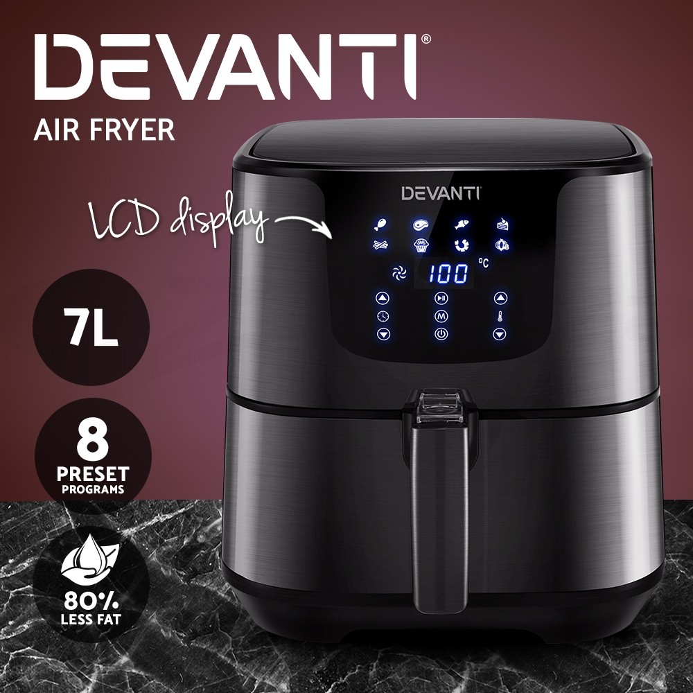 Devanti Air Fryer 7L LCD 1700W Black Stainless Steel 8 preset programs 60-minute