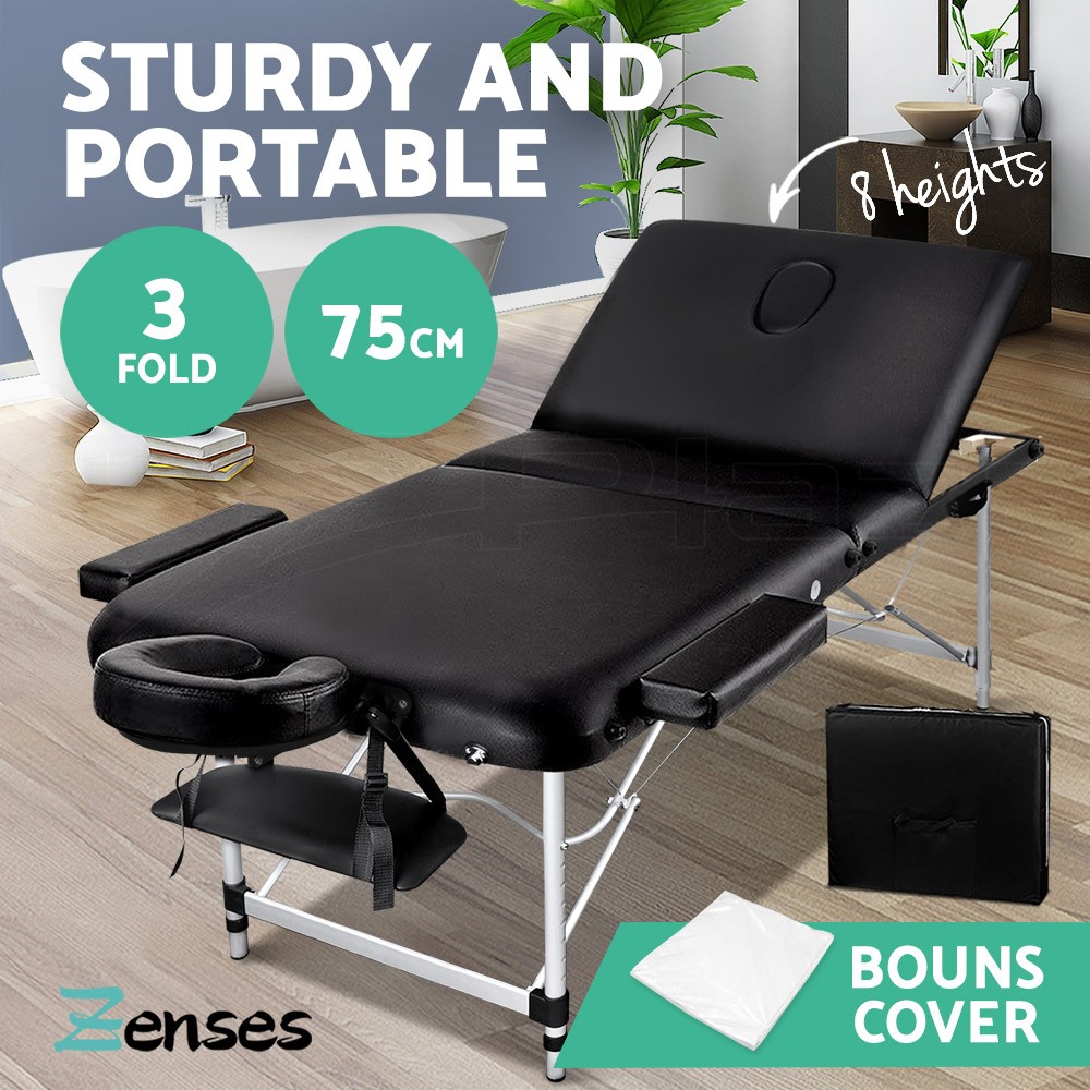 Zenses Massage Table MTALUMGA301BK75 75cm Portable 3 Fold Aluminium Black Carry