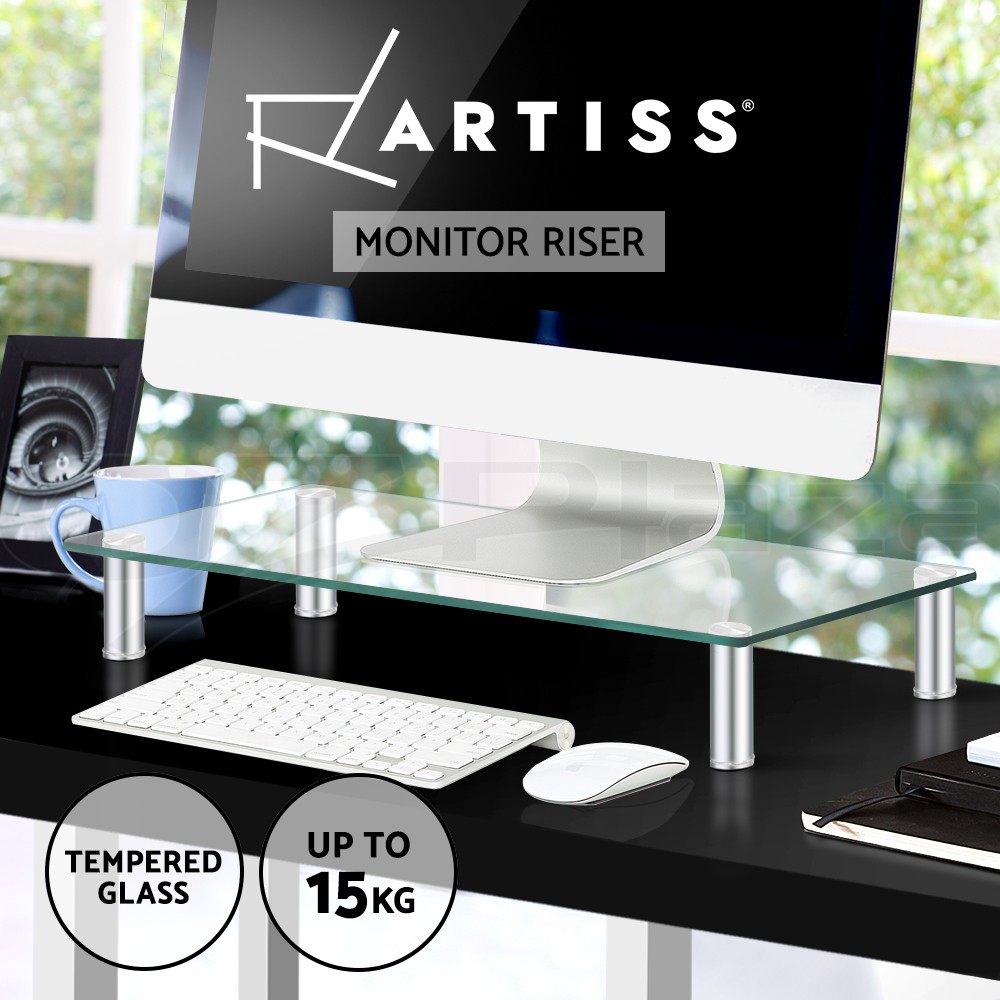 Artiss Monitor Stand Riser Adjustable Tempered Glass Silver 600mm 260mm 15kg