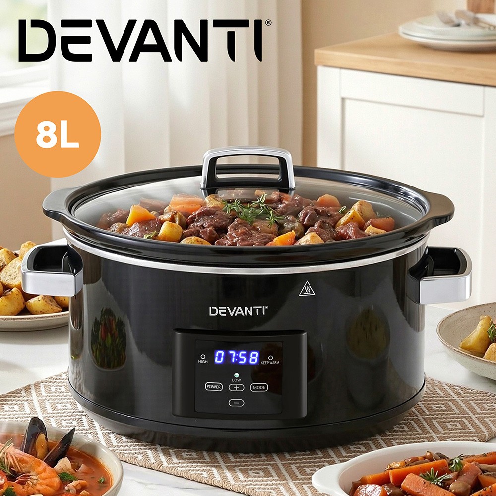 Devanti 8L Digital Programmable Oval Slow Cooker Black 3 Heat Settings 20H Warm