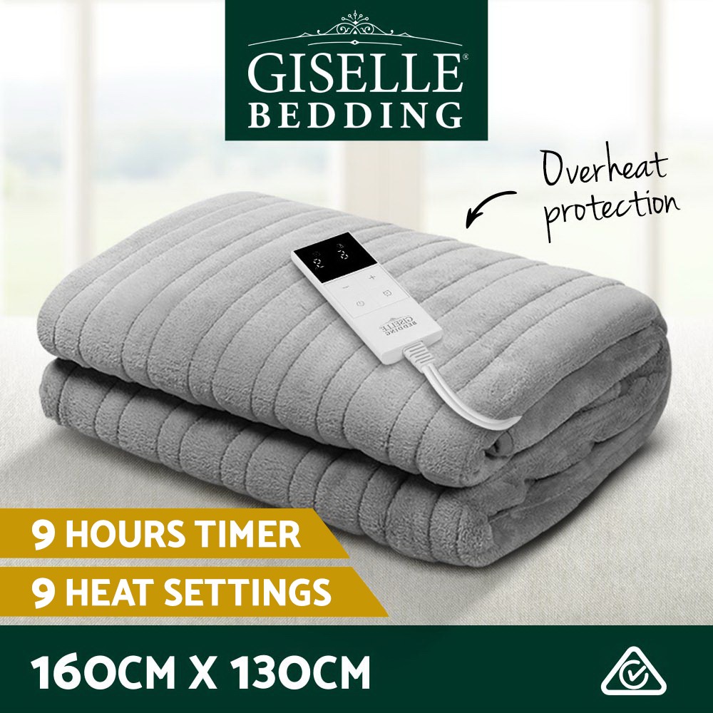 Giselle Electric Throw Rug Coral Fleece Blanket Washable 160cm 130cm Silver
