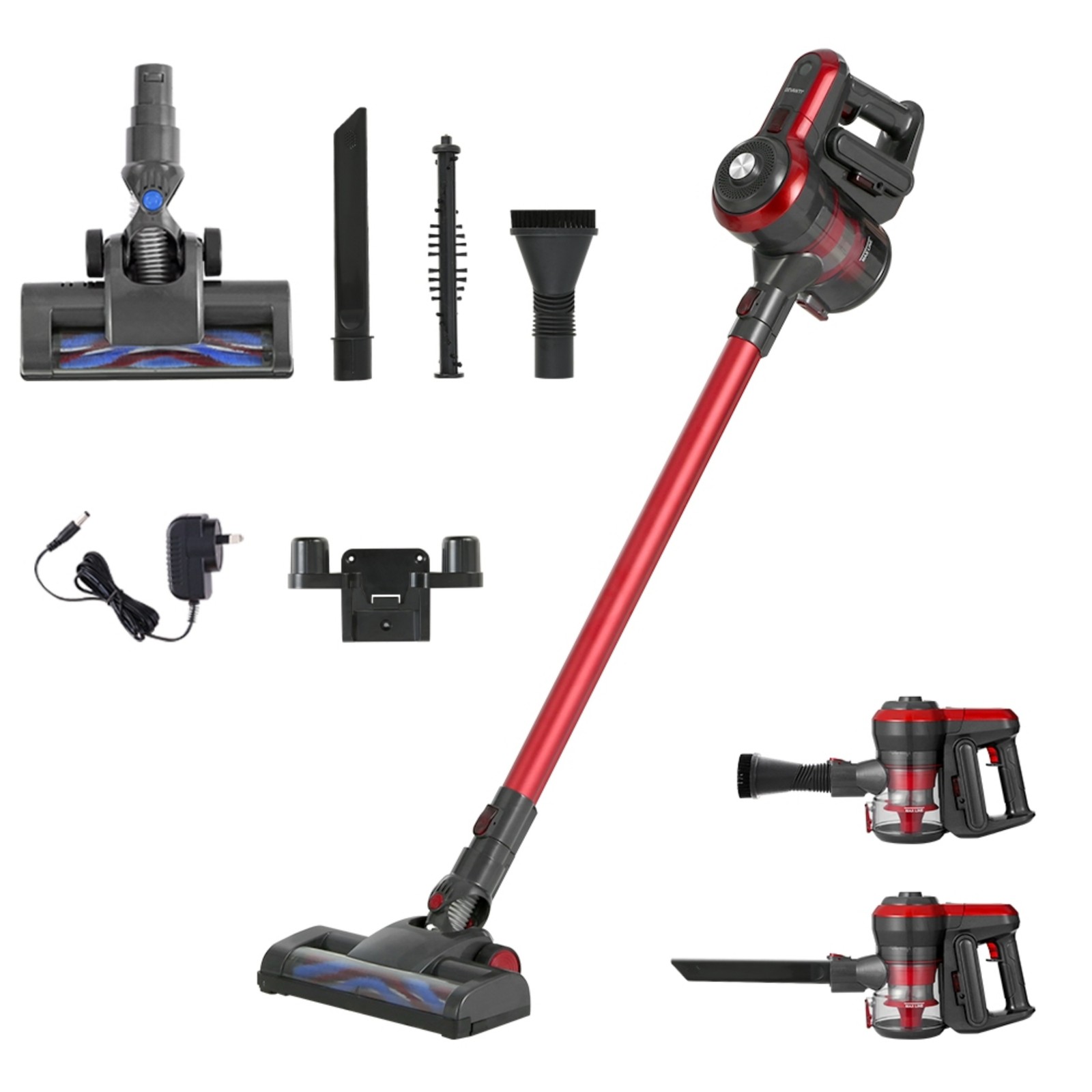 Devanti Cordless Handstick Vacuum Cleaner Brushless 250W HEPA Bagless Red Grey