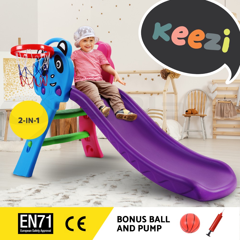 Keezi Kids Slide KPS-SLIDE-PANDA-BU Basketball Hoop Indoor Outdoor 100cm Pump