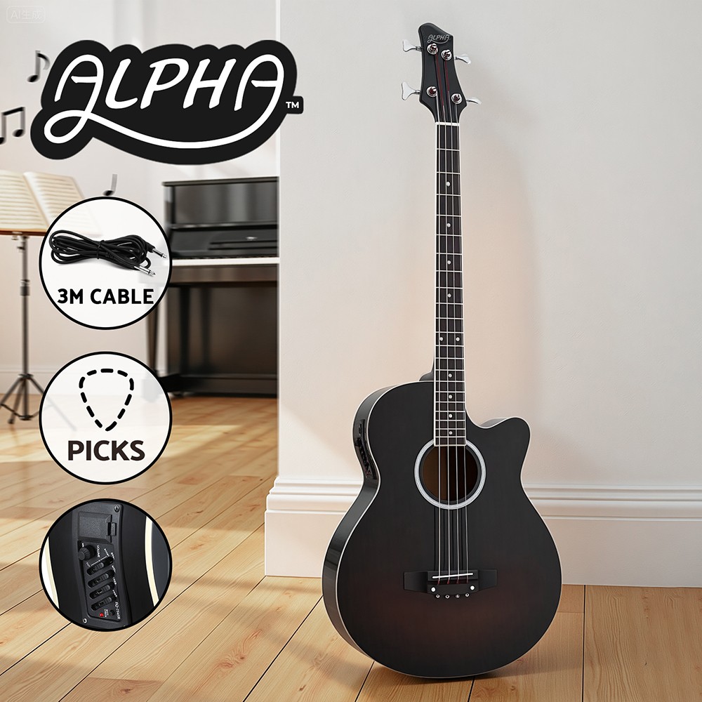 Alpha 43 Acoustic Bass Guitar Dreadnought Black 4-Band EQ Steel Strings 22 Frets