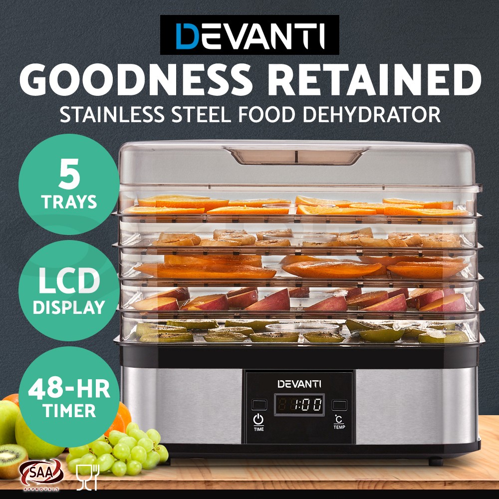 Devanti Food Dehydrator LCD-PARENT 5 Trays Silver LCD Display Timer 48 Hours