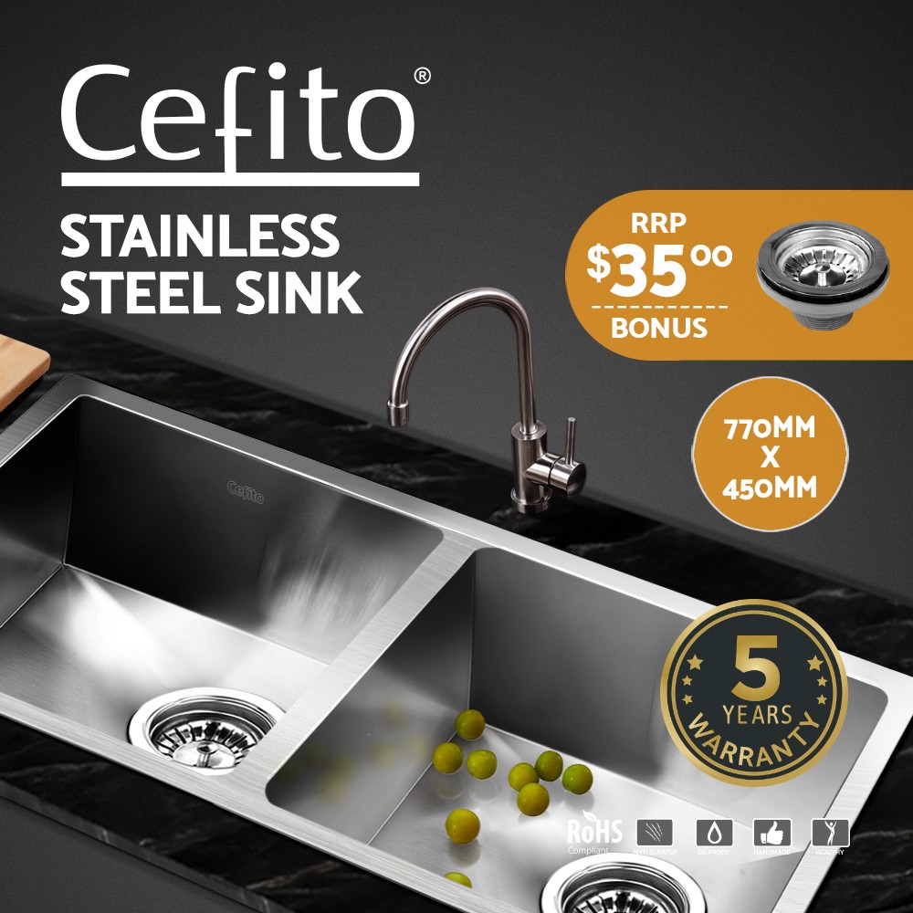 Cefito Kitchen Sink 77cm 45cm 304 Stainless Steel Double Bowl Drop-in/Top Mount