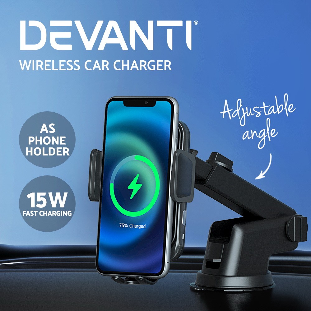 Devanti 15W Fast Wireless Car Charger Air Vent Mount Phone Holder Qi Black ABS