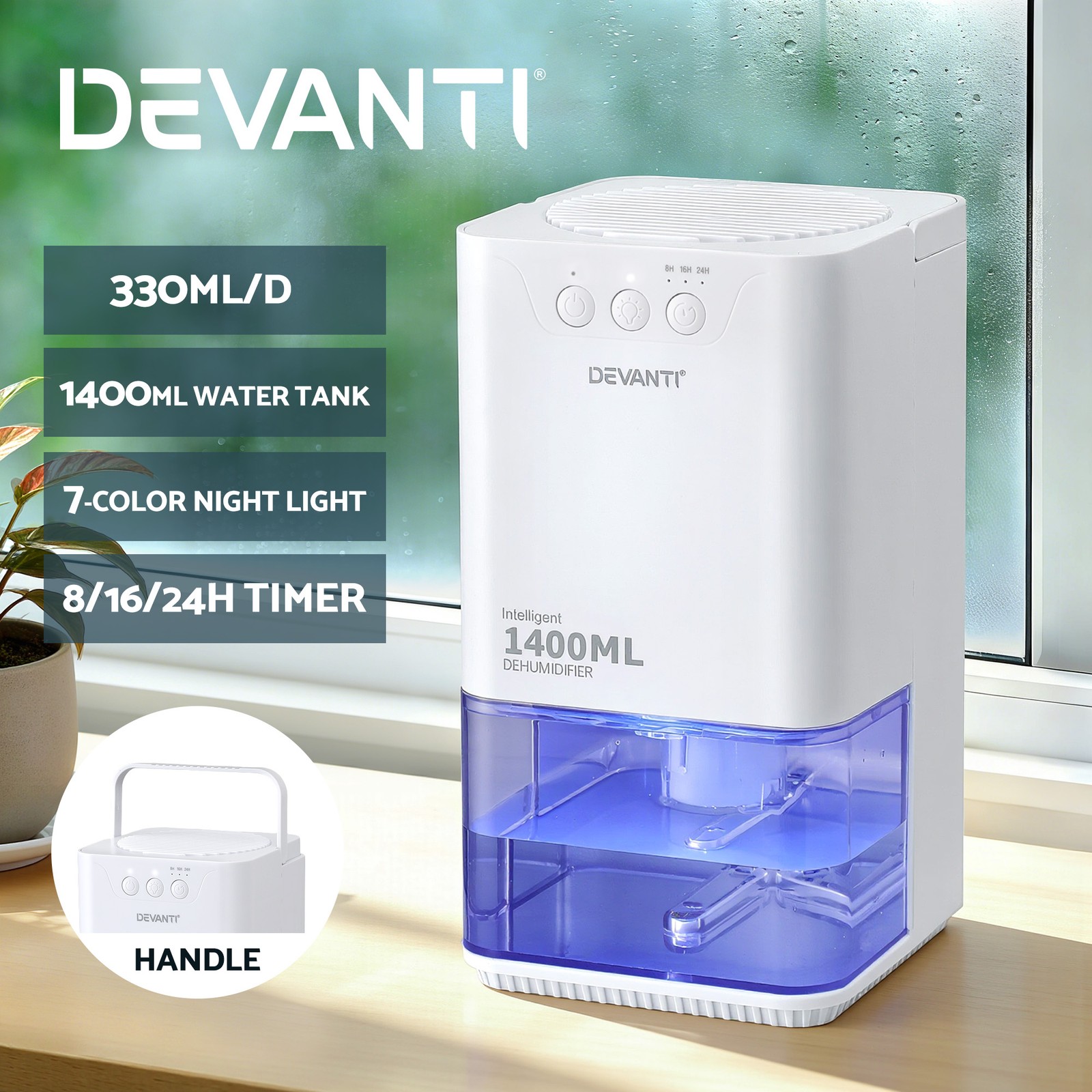 Devanti Portable Dehumidifier 1400ML 330ML/D Quiet Sleep Timer Auto Off White