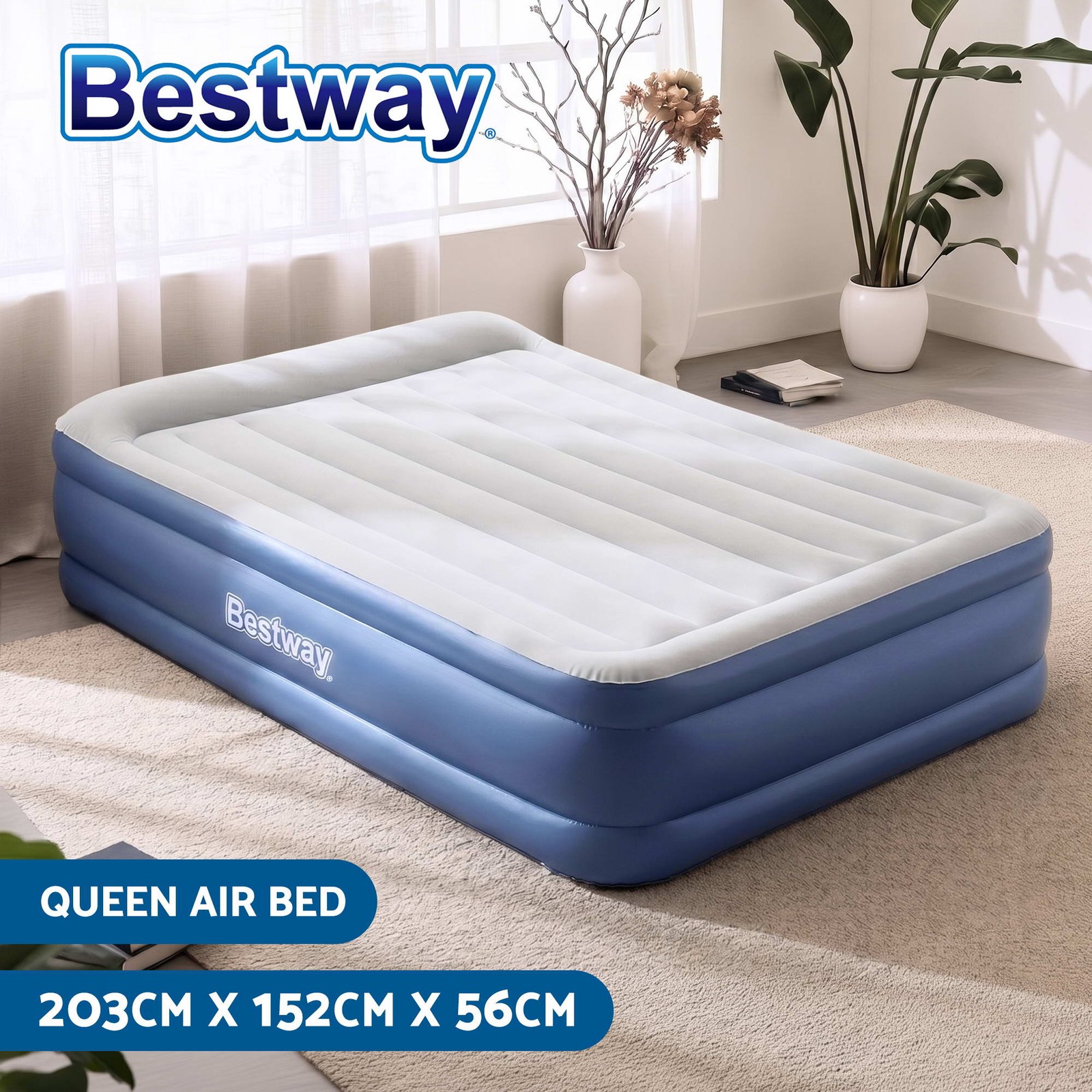 Bestway Inflatable Queen Airbed Built-in Pump Flocked I-beam 203x152x56cm 295KG