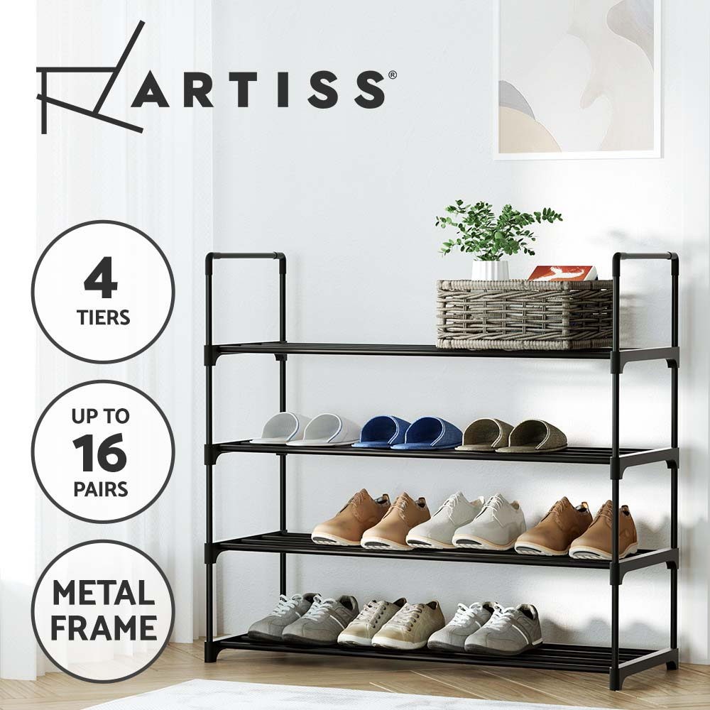 Artiss Shoe Rack Stackable 4 Tiers 16 Pairs Black Metal Tool-free Assembly 80cm