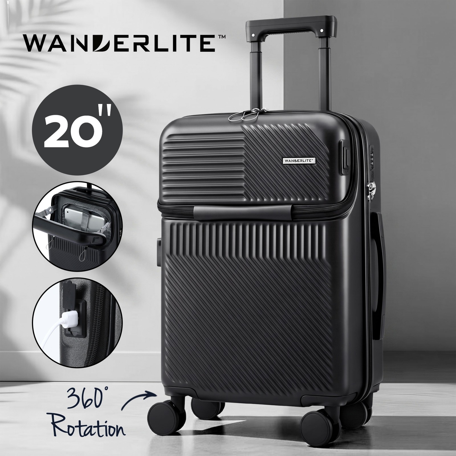 Wanderlite 20 Carry On Suitcase Front Pocket laptop TSA ABS 360 Spinner Black