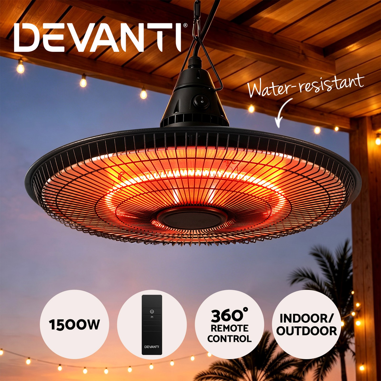 Devanti 1500W Infrared Electric Patio Heater Ceiling Hanging Remote IP65 Black