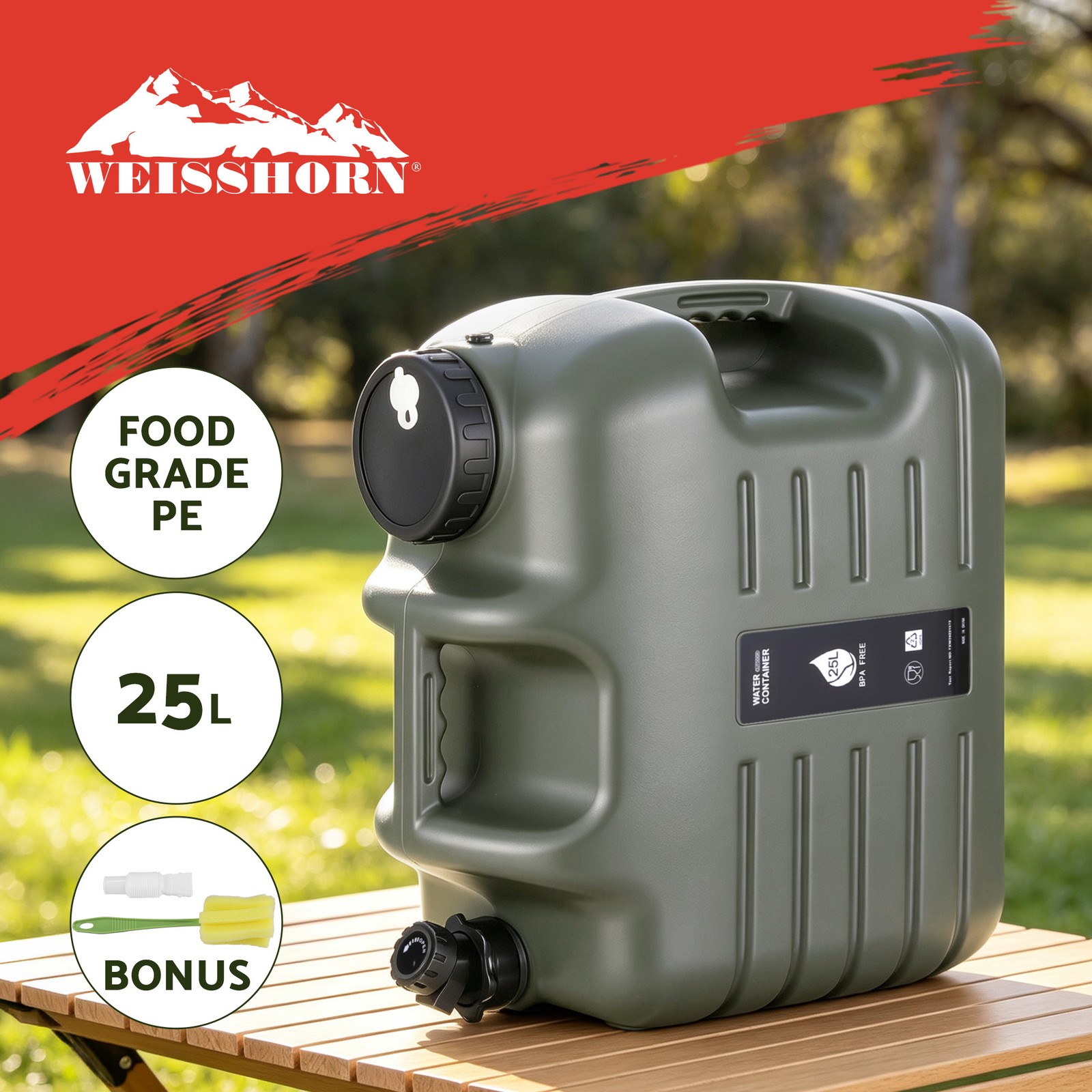 Weisshorn 25L Water Container Camping Green PE Adjustable Faucet Wide Opening