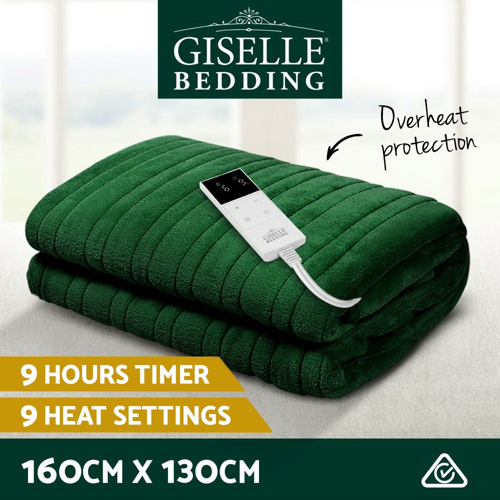 Giselle Bedding Electric Heated Throw Rug Fleece 160cm 130cm Green Washable Warm
