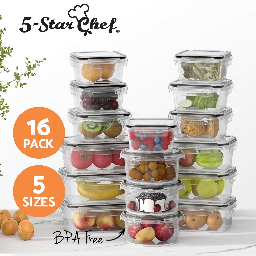 5-Star Chef 16PCS Airtight Food Storage Container Set BPA-Free Plastic Black