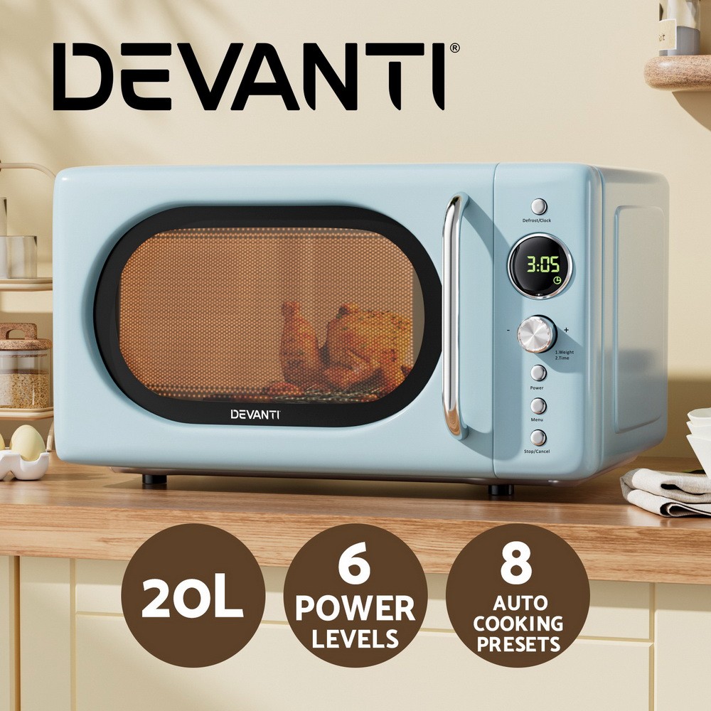 Devanti 20L Microwave Oven 700W Blue Digital Control 8 Menus 24-hour Timer Child