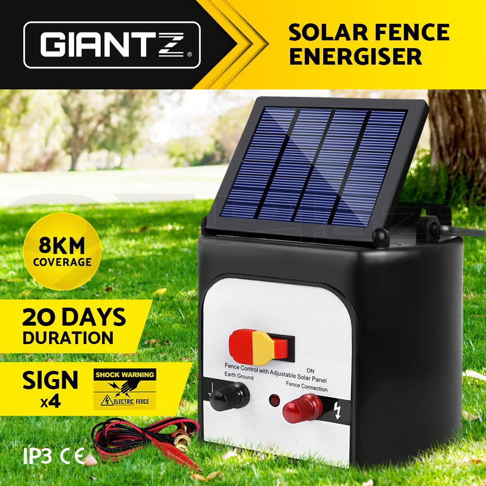Giantz Solar Electric Energiser 8km 0.3J Battery Waterproof Cables included