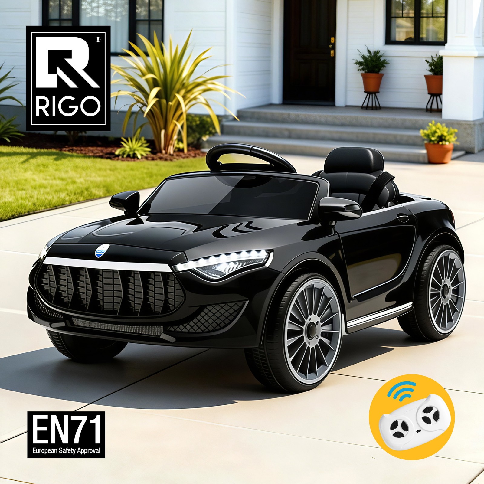 Rigo Kids Electric Ride On Car 12V Maserati Inspired Remote Control Music Black