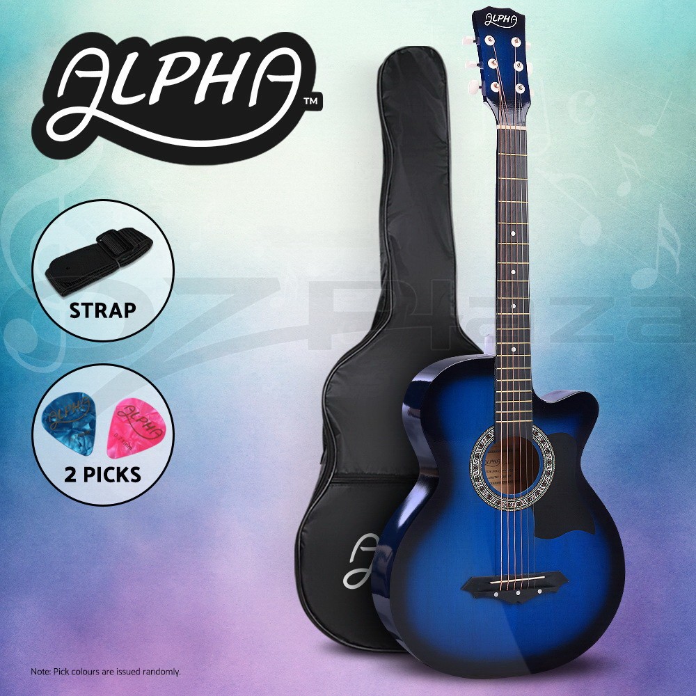 Alpha 38 Inch Acoustic Guitar Steel String Cutaway Blue Dreadnought Gig Bag