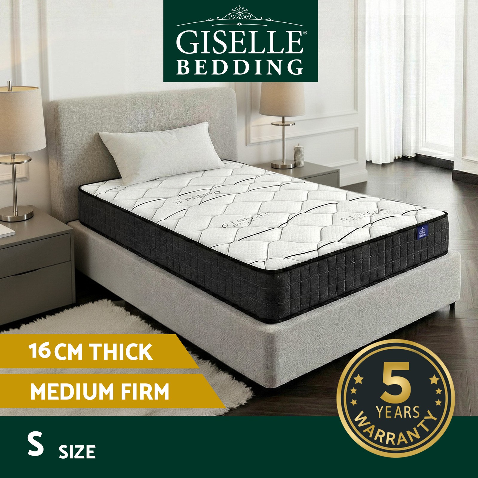 Giselle Bedding GLAY Single Mattress 16cm Medium Firm Bonnell Spring Innerspring