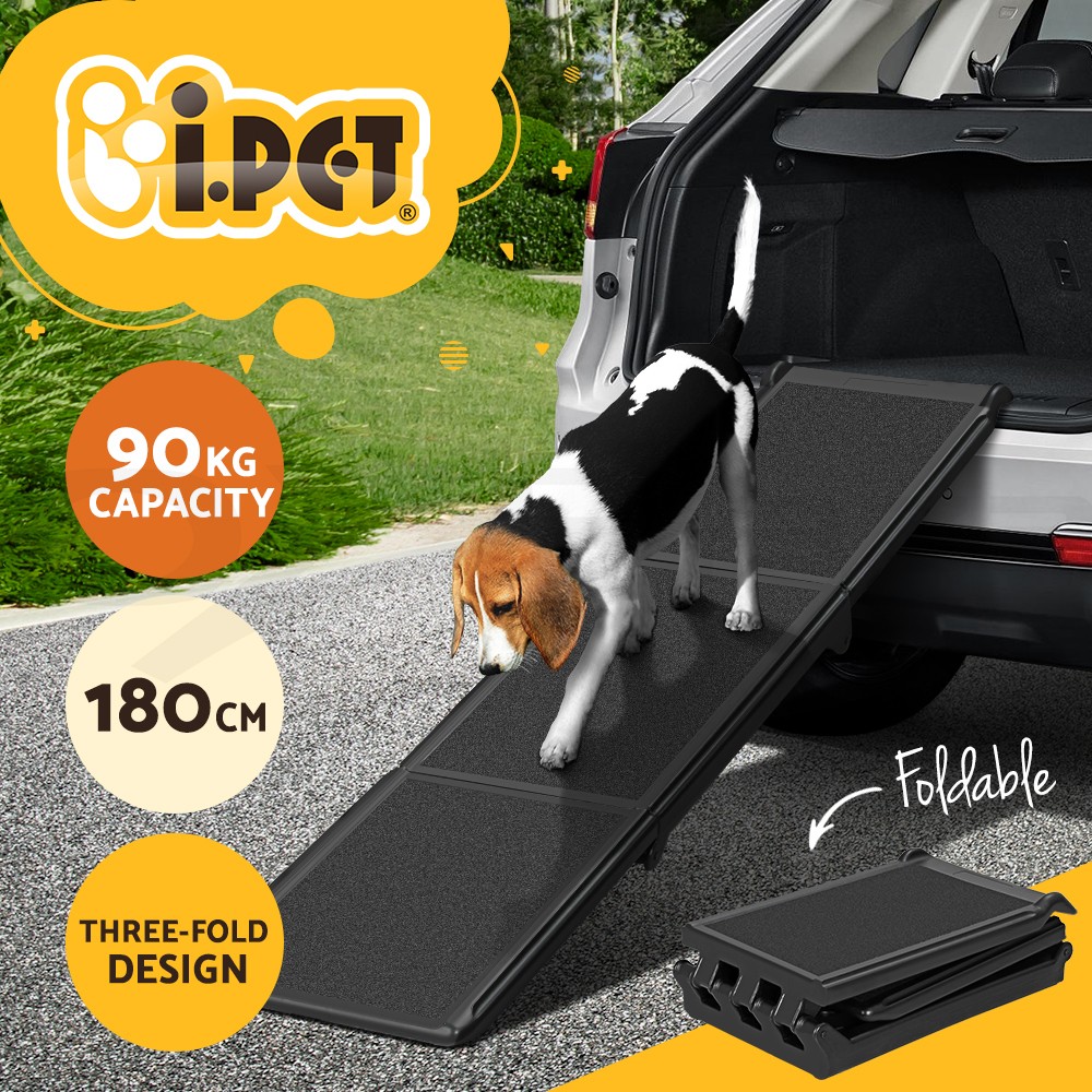i.Pet Dog Car Ramp Steps Foldable Portable Three-fold Black 90KG 182cm Plastic