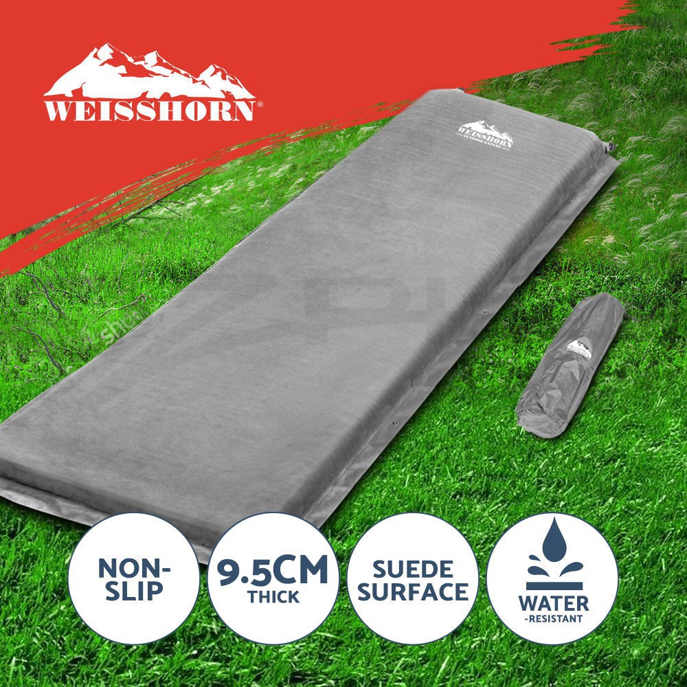 Weisshorn Self Inflating Mattress Single Grey Camping 9.5cm Joinable Carry Bag