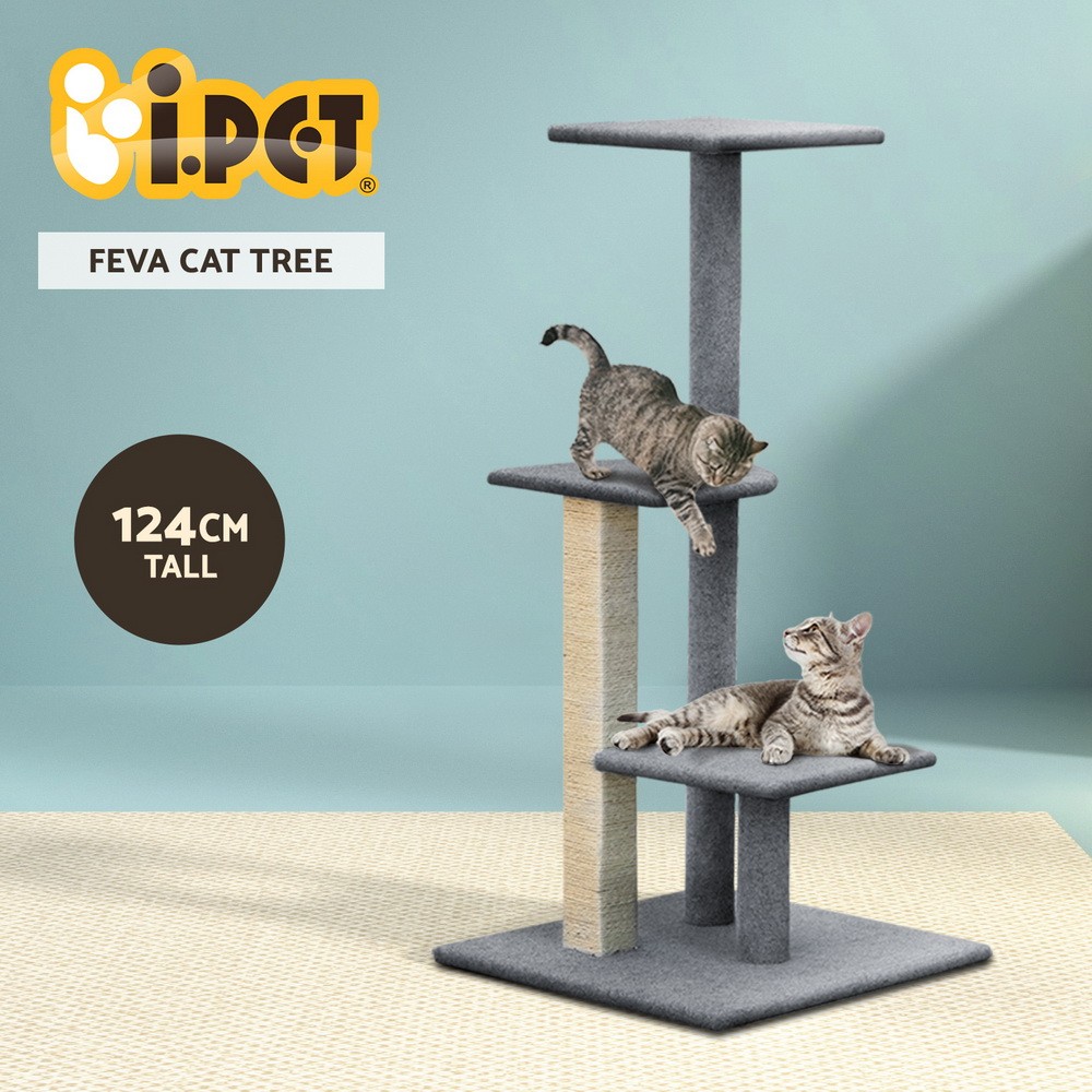 i.Pet Cat PET-CAT-CP001-GR 124cm Sisal Multi-level Plush Cover Tower Playing