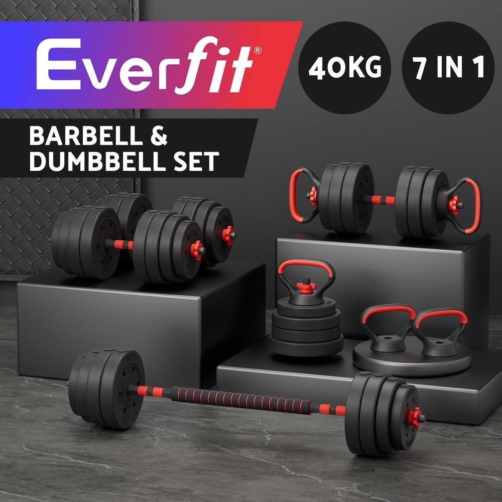Everfit 40kg Adjustable Dumbbells Barbell Kettlebell Weight Set Home Gym 4 IN 1