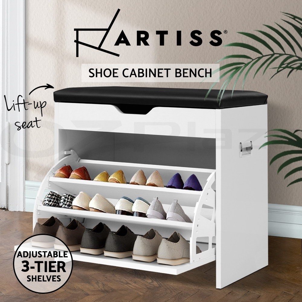 Artiss Shoe Cabinet Bench 3-Tier Adjustable Storage White PU Leather Seat 57 cm