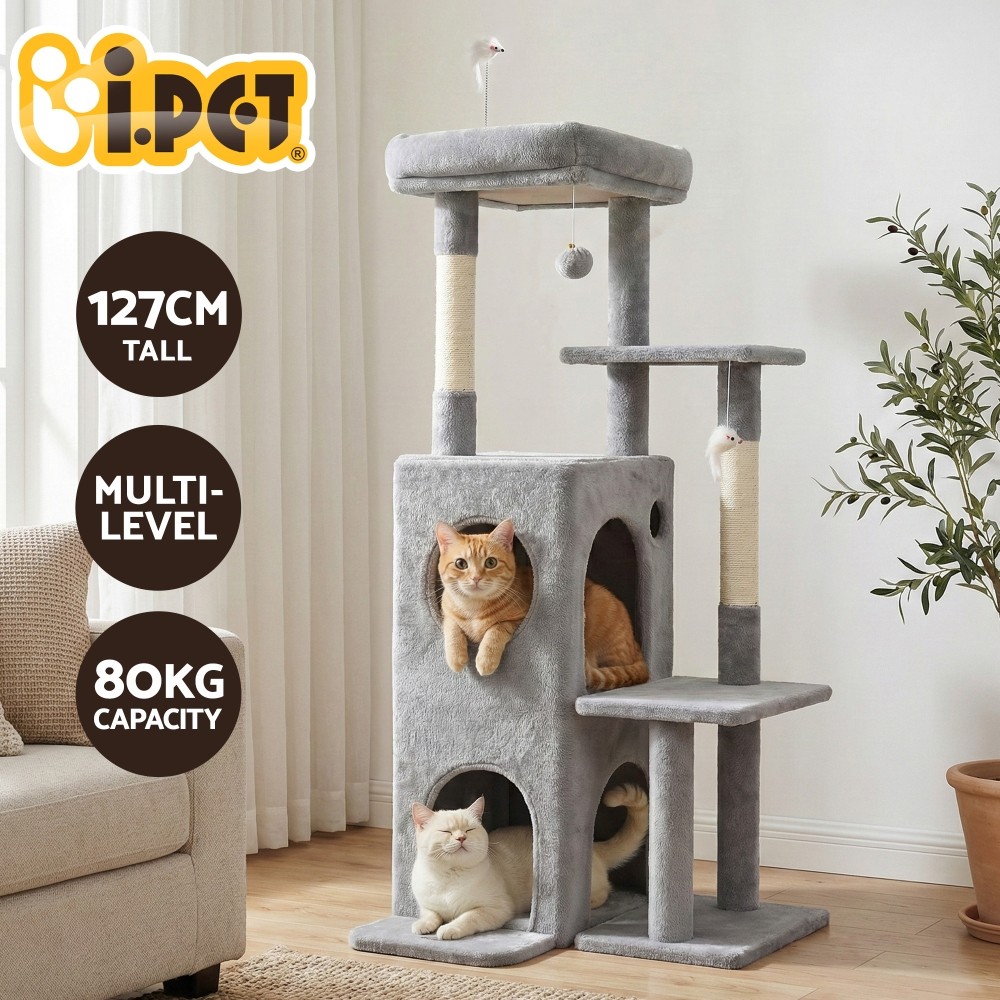 i.Pet Cat Tree Tower 127cm Multi-Level Scratching Post Furniture Light Grey