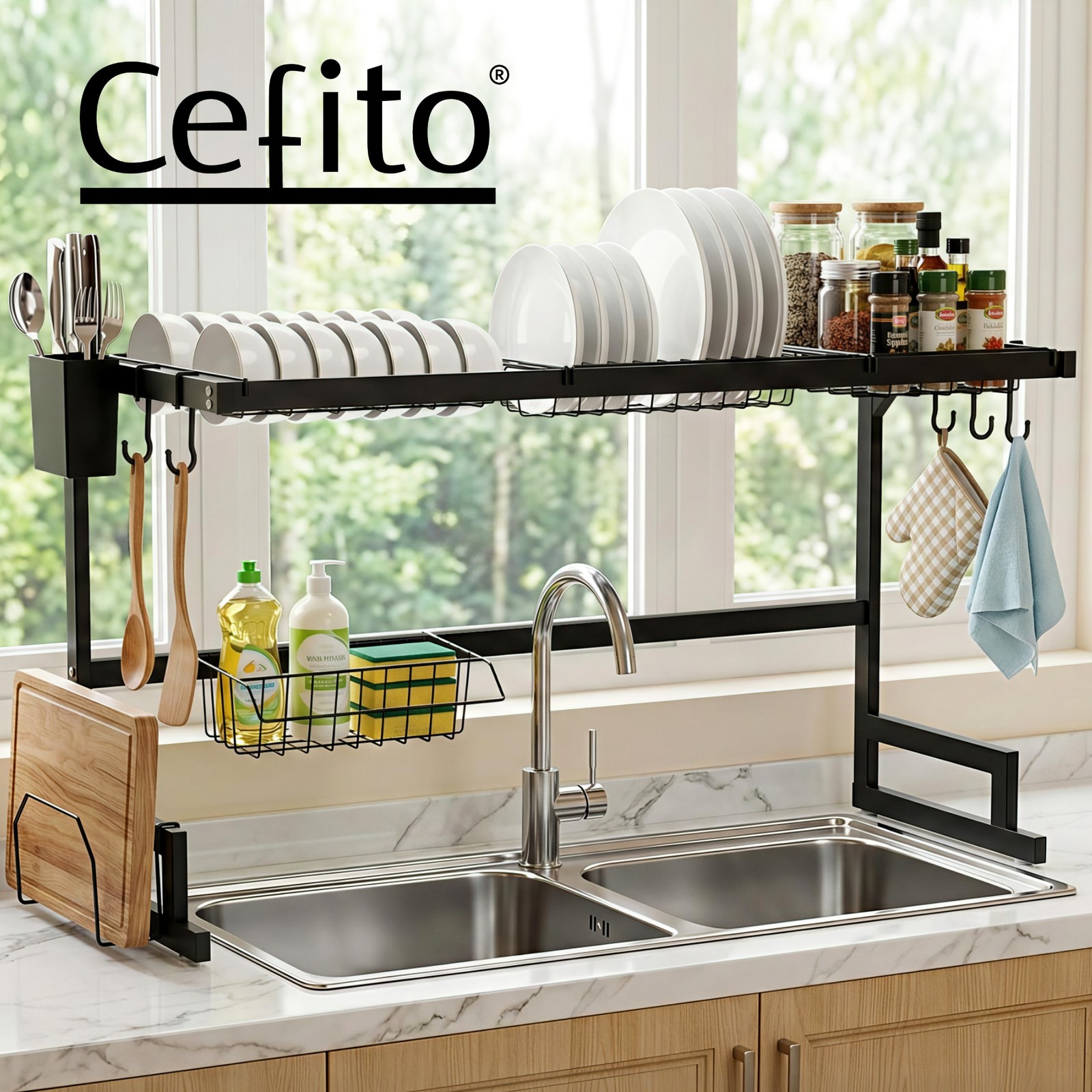 Cefito Dish Drying Rack Over Sink Carbon Steel Black Kitchen Organiser 52 cm