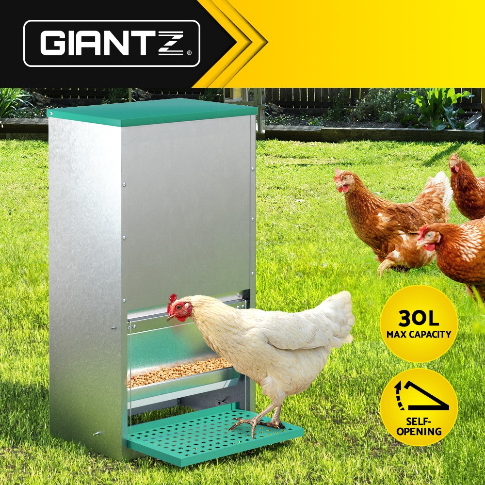 Giantz Automatic Chicken Feeder Treadle Self Opening 30L Galvanised Steel Lid