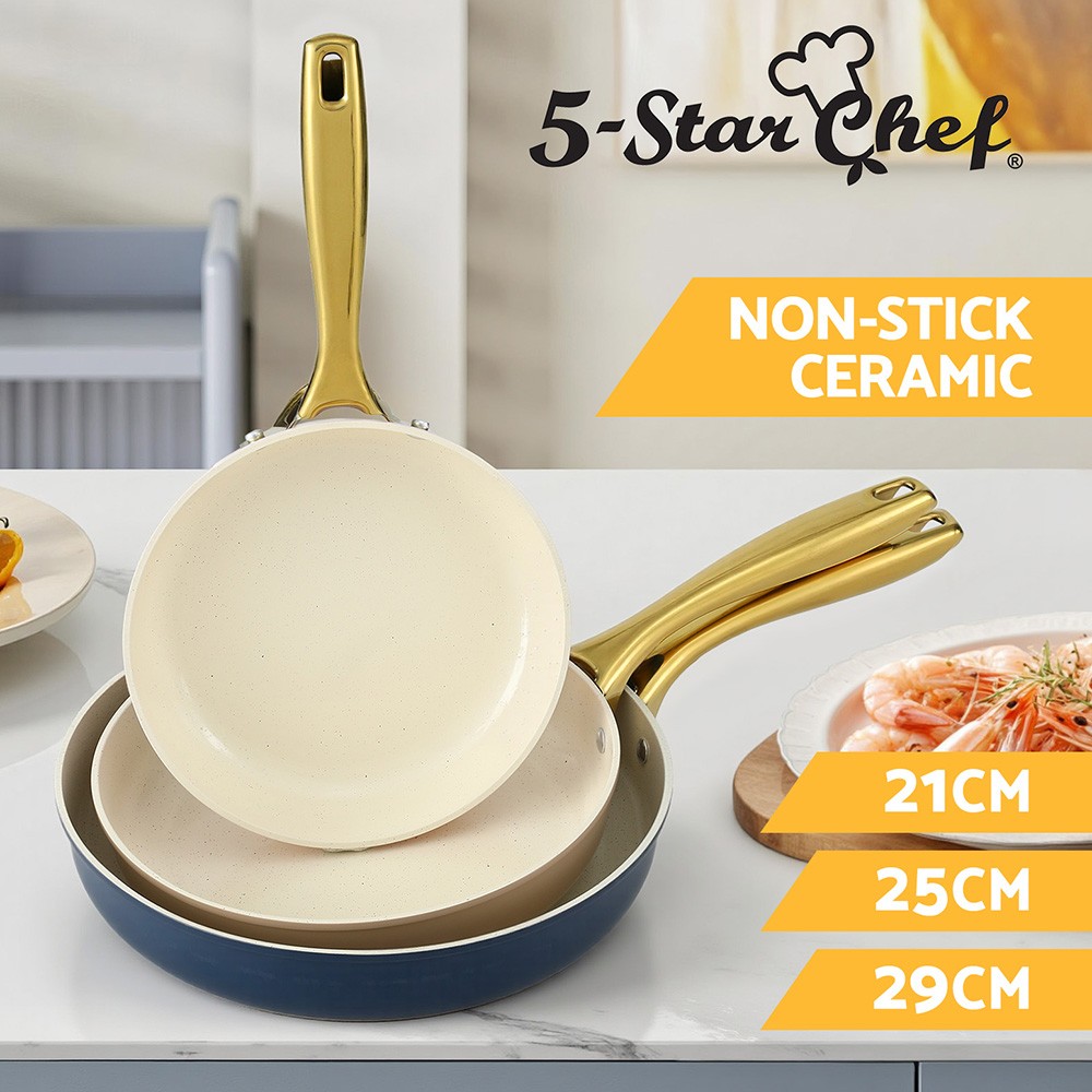 5-Star Chef Frying Pan Set 3PCS Ceramic Non-Stick Cast Aluminum Pink Blue Brown