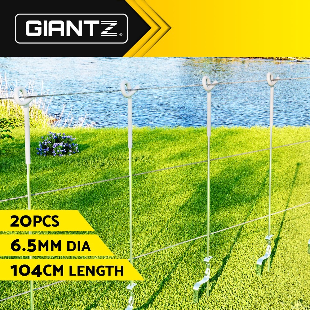 Giantz 20x Electric Fence Pigtail Posts Steel 104CM 6.5mm Insulated Silver White