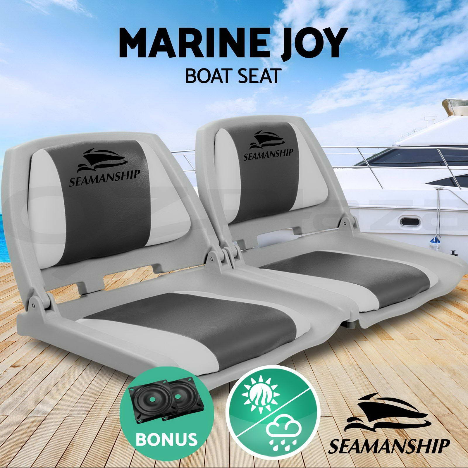 Seamanship 2X Folding Swivel Boat Seats Marine Seating Grey & Charcoal Padded