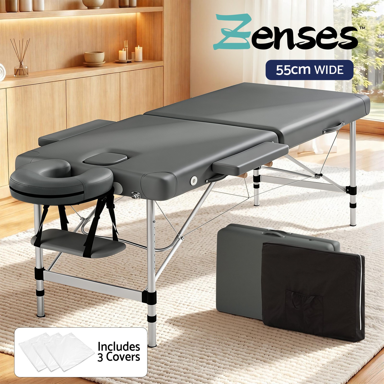 Zenses Portable Massage Table 2 Fold Aluminium 55cm Grey PU Leather 300kg Beauty
