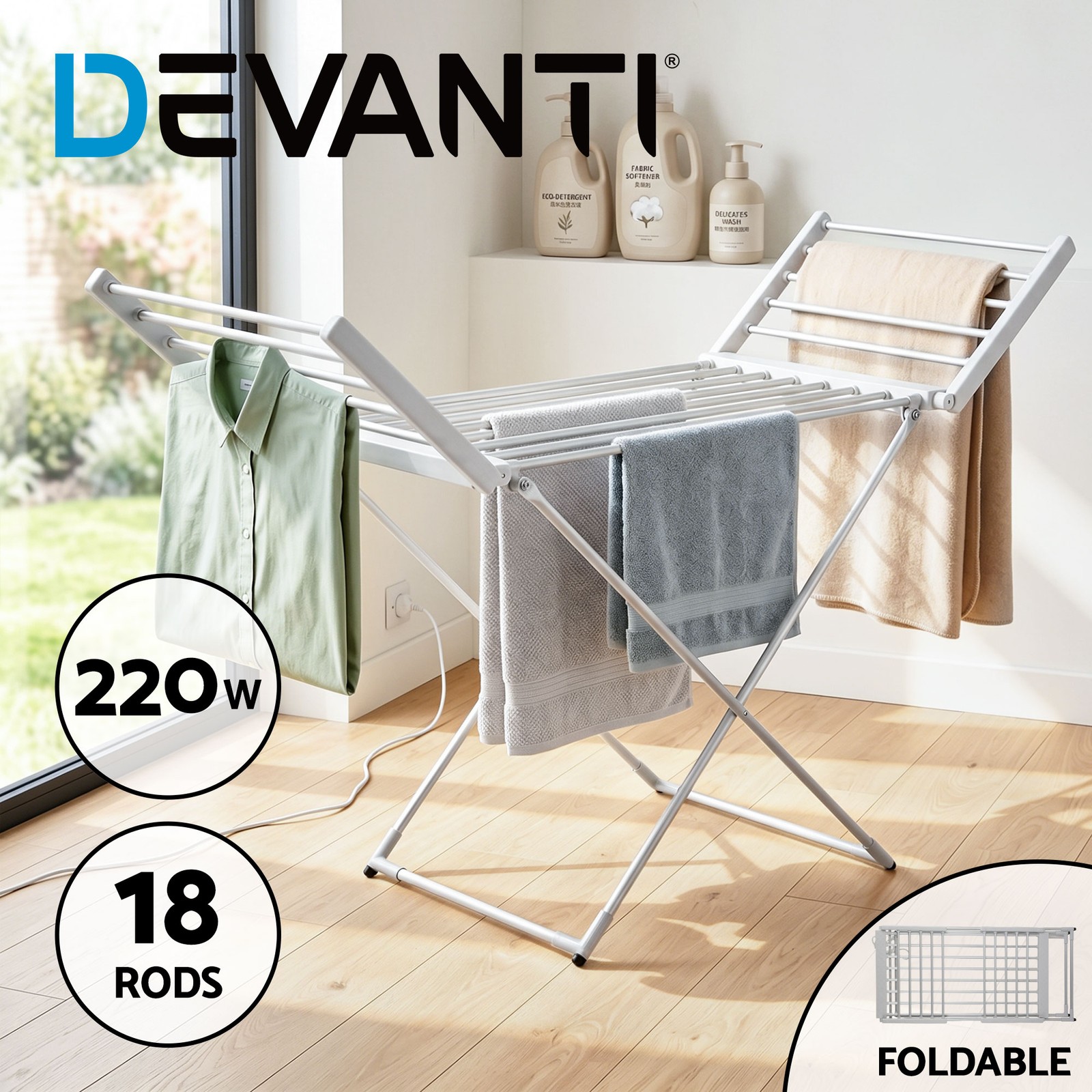 Devanti Electric Heated Towel Rail Rack 18 Bars Freestanding Foldable Silver