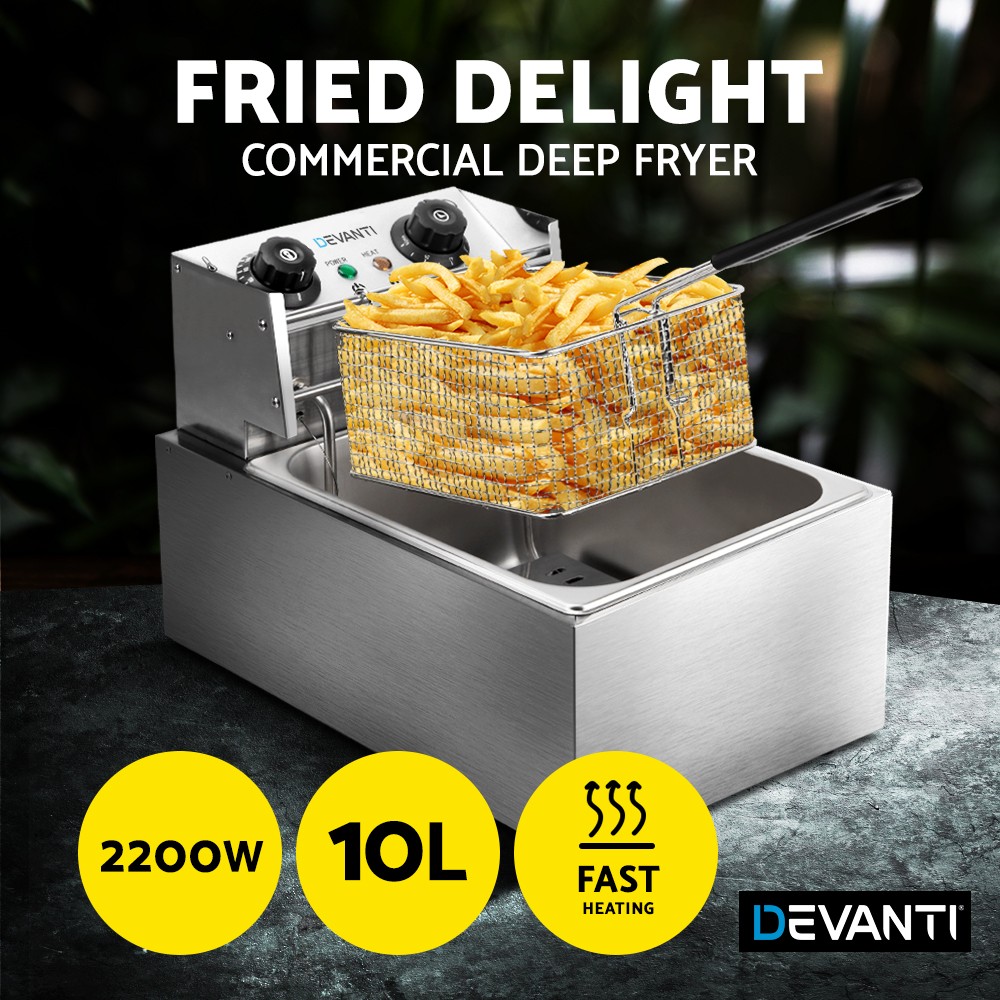 Devanti Commercial Double Deep Fryer Countertop Basket Lift Stainless Steel 10L