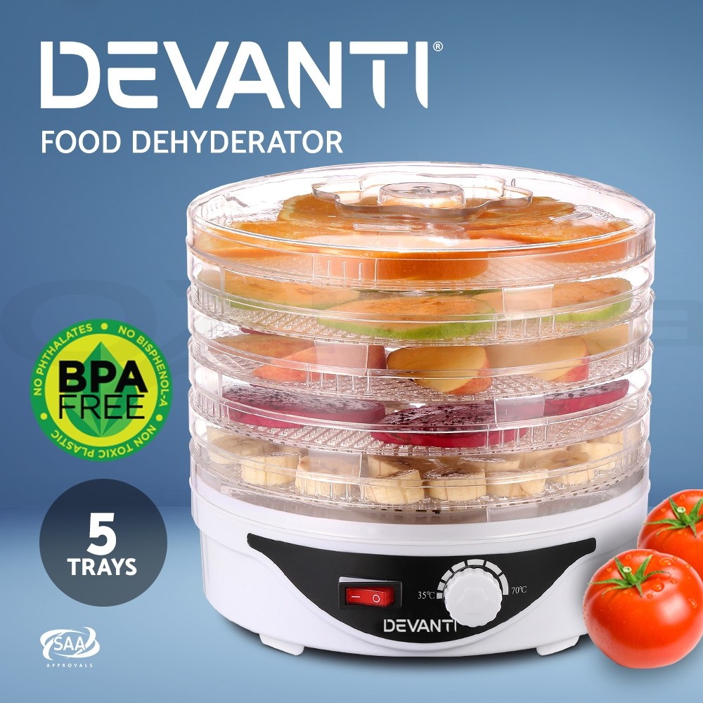 Devanti Food Dehydrator 5 Trays Adjustable Temperature White Beef Jerky Dryer