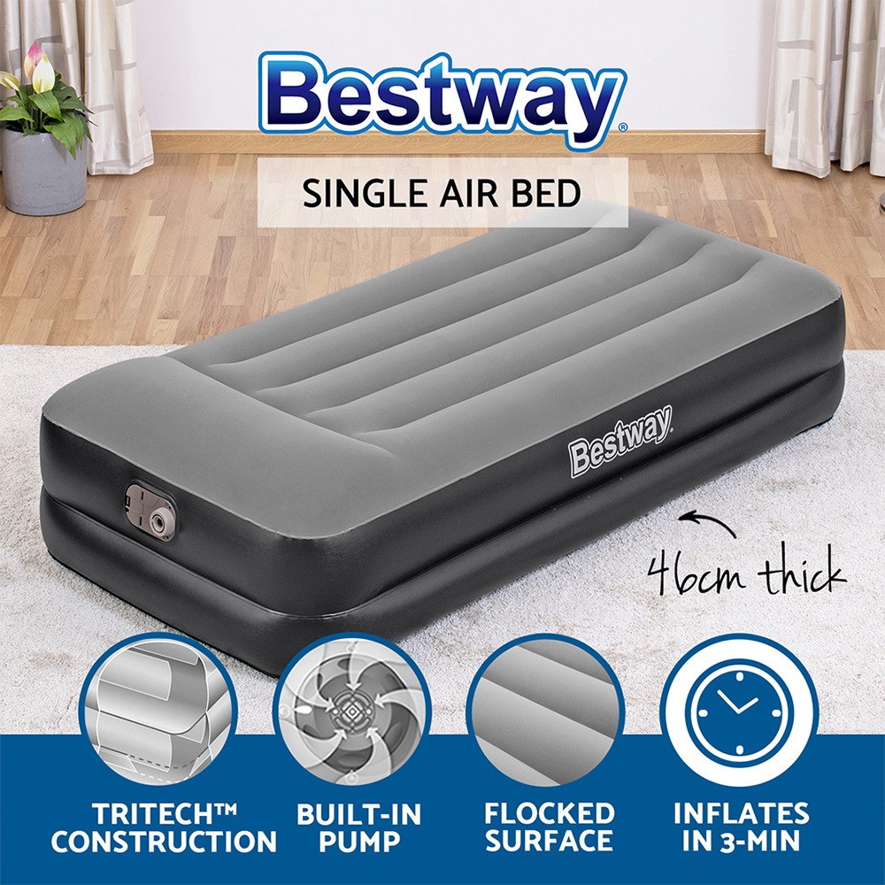 Bestway TRITECH Single Air Mattress Bed Flocked Built-in Pump 240V Camping AC